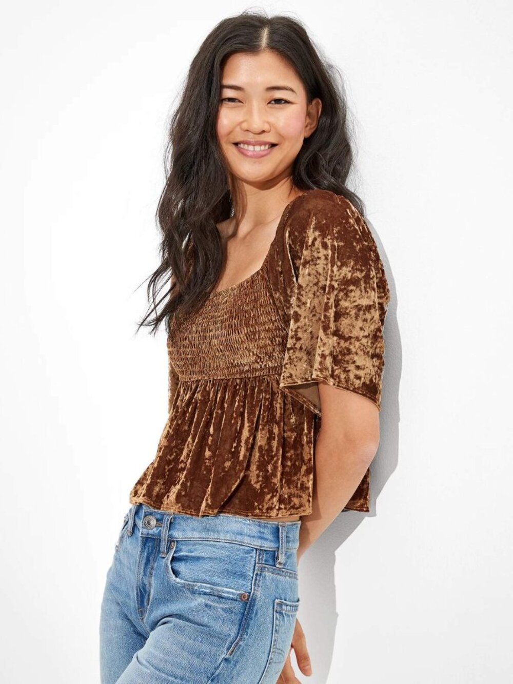 NWOT American Eagle Velvet Flutter-Sleeve Babydoll Blouse Sz M Gold Bronze